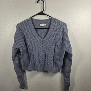 Cable Knit V-Neck Sweater - Blue